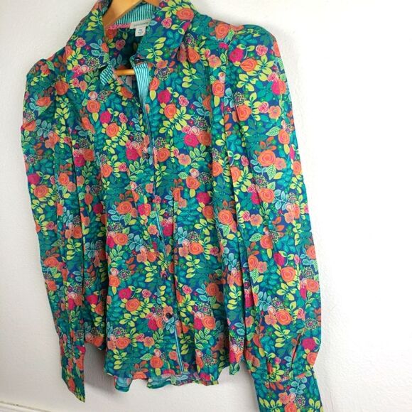 Women's Rosie Vines Bright Floral Puff Shoulder Button Up Shiry Size PM - Picture 3 of 9